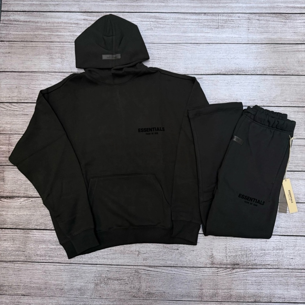 NEW Fear of God Essentials Set Hoodie & Sweatpant Stretch Limo Black Size Large